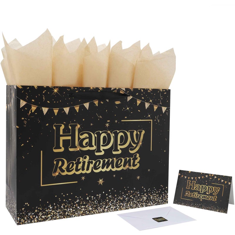 wishinside 16.5â€ Extra Large Black Retirement Gift Bag Set with Handles, Greeting Card, Tissue Papers and Stickers for Men Women Office Coworker, Farewell Going Away Party, Happy Retirement Design, 1 Pcs - Image 1