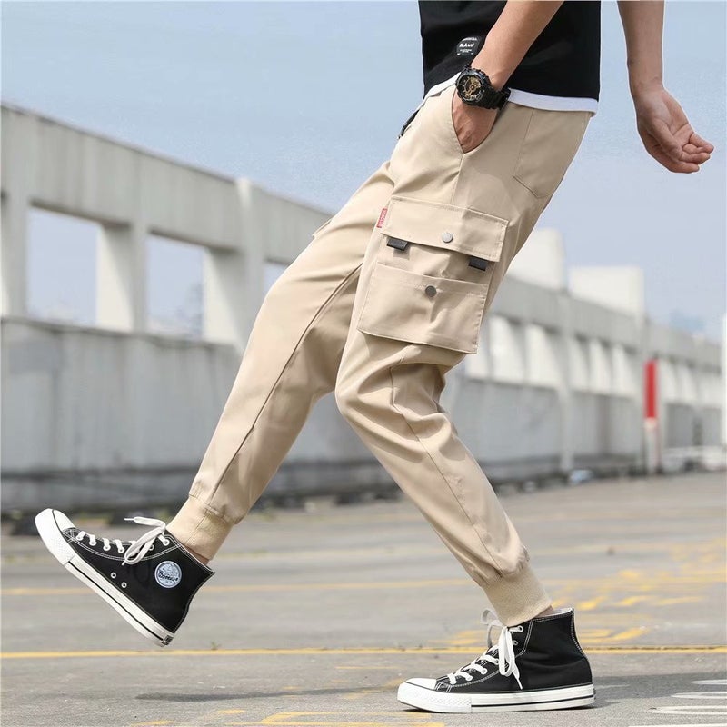 Cross-border cargo overalls mens toe ins summer thin fashion brand mens casual long pants mens Korean fashion Khaki - Image 1