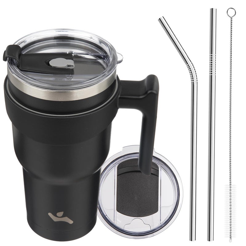Konokyo 30 oz Tumbler with Handle and 2 Straw 2 Lid Insulated Water Bottle Stainless Steel Vacuum Cup Reusable Travel MugBlack