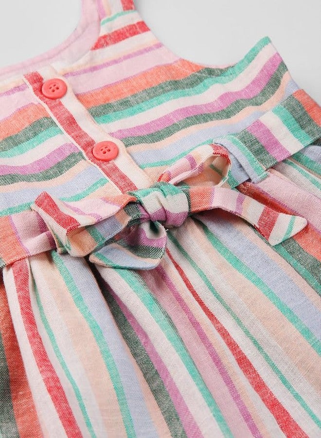 Beebay Kids Girls Multi-col Linen Stripe Belt Detailed Dress | Soft Cotton Blend Fabric | Round Neck | Casual Wear - Image 5