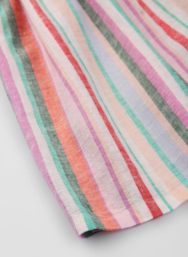Beebay Kids Girls Multi-col Linen Stripe Belt Detailed Dress | Soft Cotton Blend Fabric | Round Neck | Casual Wear - Image 4