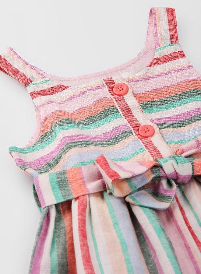 Beebay Kids Girls Multi-col Linen Stripe Belt Detailed Dress | Soft Cotton Blend Fabric | Round Neck | Casual Wear - Image 3