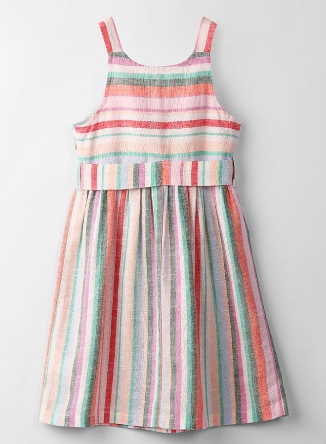 Beebay Kids Girls Multi-col Linen Stripe Belt Detailed Dress | Soft Cotton Blend Fabric | Round Neck | Casual Wear - Image 2