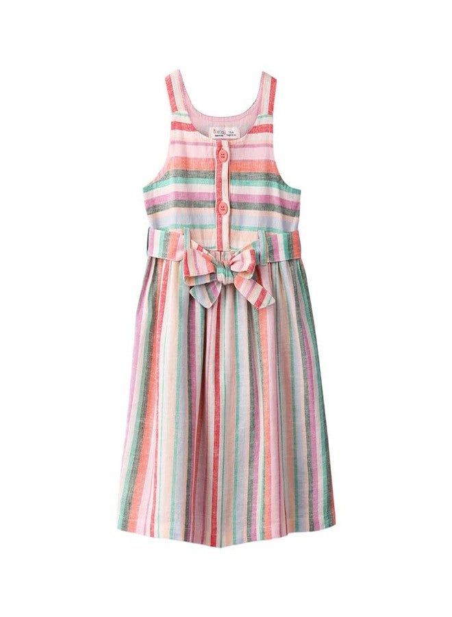 Beebay Kids Girls Multi-col Linen Stripe Belt Detailed Dress | Soft Cotton Blend Fabric | Round Neck | Casual Wear - Image 1