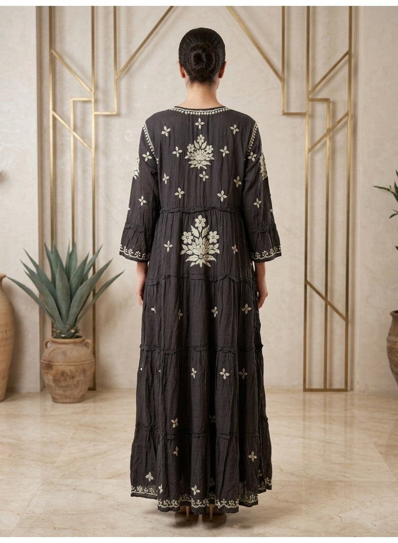Alaya Hand Embroidered Chikankari A-Line Gathering Pattern Muslin Jalabiya-AL4003 - Image 2