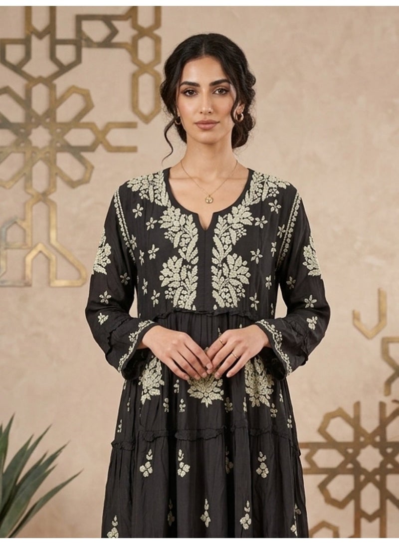 Alaya Hand Embroidered Chikankari A-Line Gathering Pattern Muslin Jalabiya-AL4003 - Image 4
