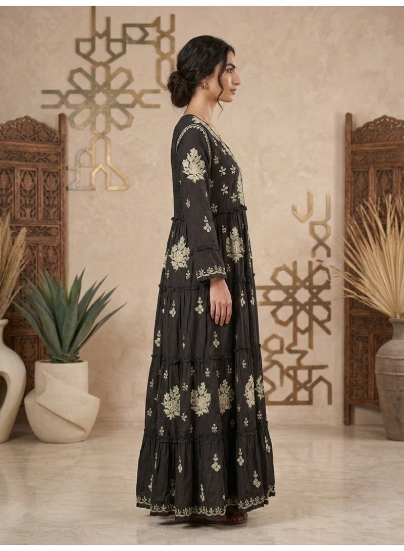 Alaya Hand Embroidered Chikankari A-Line Gathering Pattern Muslin Jalabiya-AL4003 - Image 3