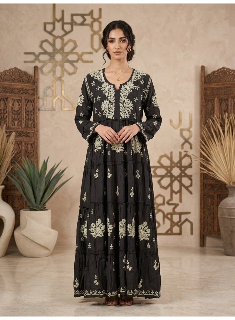 Alaya Hand Embroidered Chikankari A-Line Gathering Pattern Muslin Jalabiya-AL4003 - Image 1