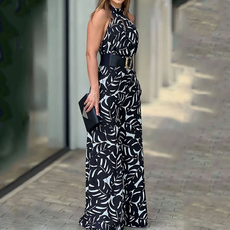 2023 Summer Women'S Elegant Fashion Half-High Collar Sleeveless Printed Hollow-Out Waisted Wide-Leg Jumpsuit - Image 4