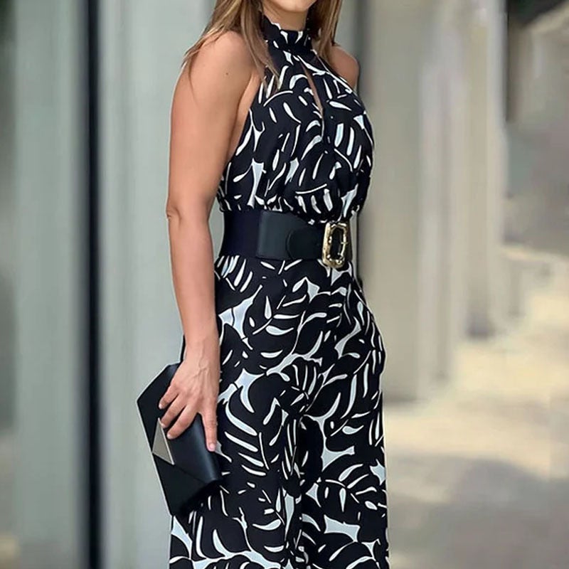 2023 Summer Women'S Elegant Fashion Half-High Collar Sleeveless Printed Hollow-Out Waisted Wide-Leg Jumpsuit - Image 5
