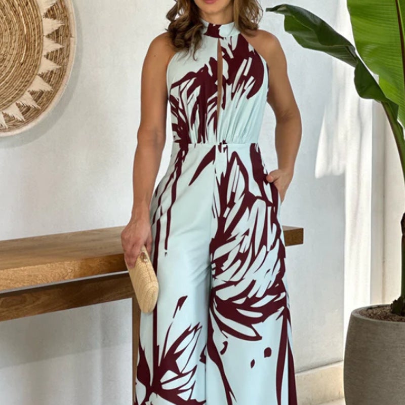 2023 Summer Women'S Elegant Fashion Half-High Collar Sleeveless Printed Hollow-Out Waisted Wide-Leg Jumpsuit - Image 2