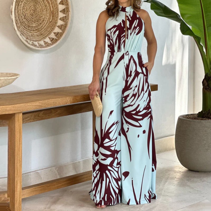 2023 Summer Women'S Elegant Fashion Half-High Collar Sleeveless Printed Hollow-Out Waisted Wide-Leg Jumpsuit - Image 3