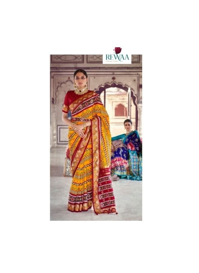 Grab Mantra - Yellow With Red Border Patola Silk Saree With Unstitched Blouse - Image 1
