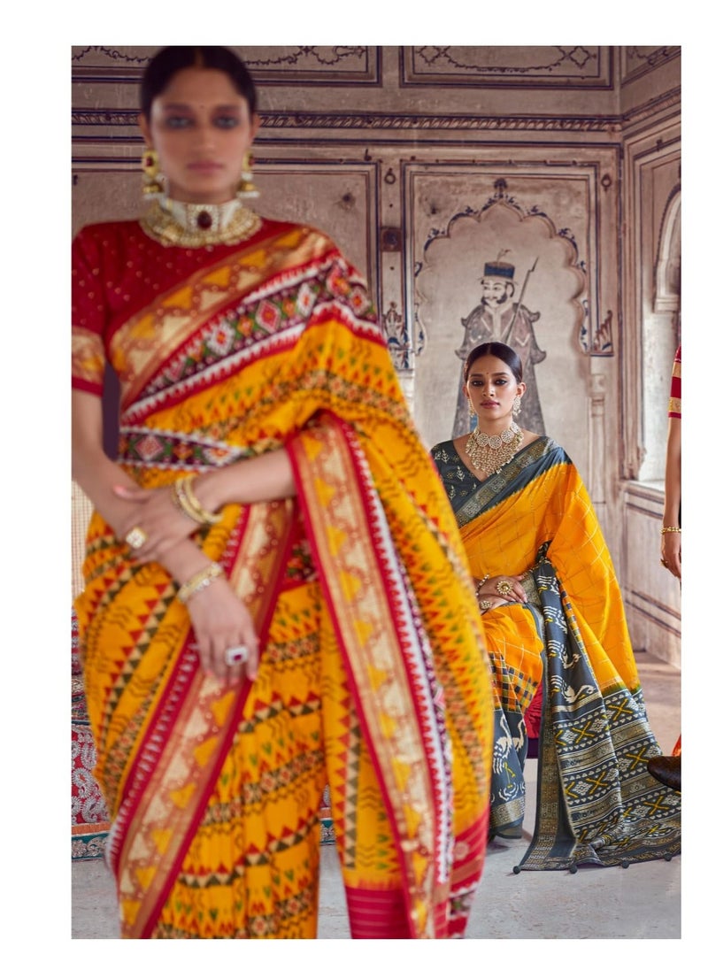 Grab Mantra - Yellow With Red Border Patola Silk Saree With Unstitched Blouse - Image 1