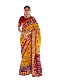 Yellow With Red Border Patola Silk Saree With Unstitched Blouse