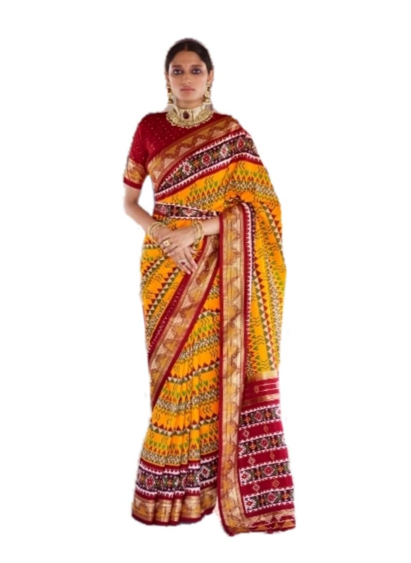Grab Mantra - Yellow With Red Border Patola Silk Saree With Unstitched Blouse - Image 1