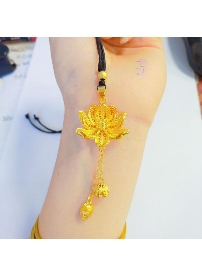 Ancient Style Two Shihuan Lotus Pendant Earrings Suit Sand Gold Women's National Fashion Lotus Pendant Hollow Sweater Chain Necklace 