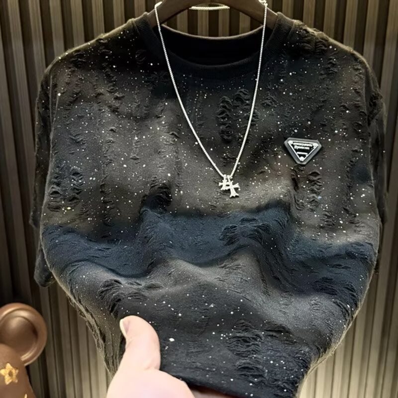 New Short-Sleeve Men'S Starry Sky Light Luxury Round Neck Top Trendy Versatile Ripped Sequin T-Shirt Men'S Long-Sleeve T-Shirt - Image 1