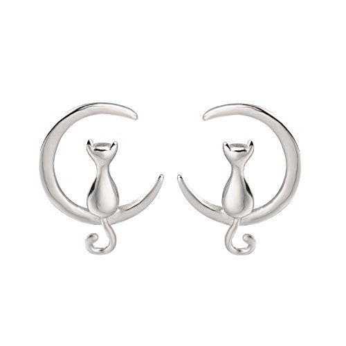 S.Leaf Sterling Silver Cat Moon Earrings Hypoallergenic Stud Earrings for Women Jewelry for Cat Lovers Birthday Gifts for Women(silver) - Image 1