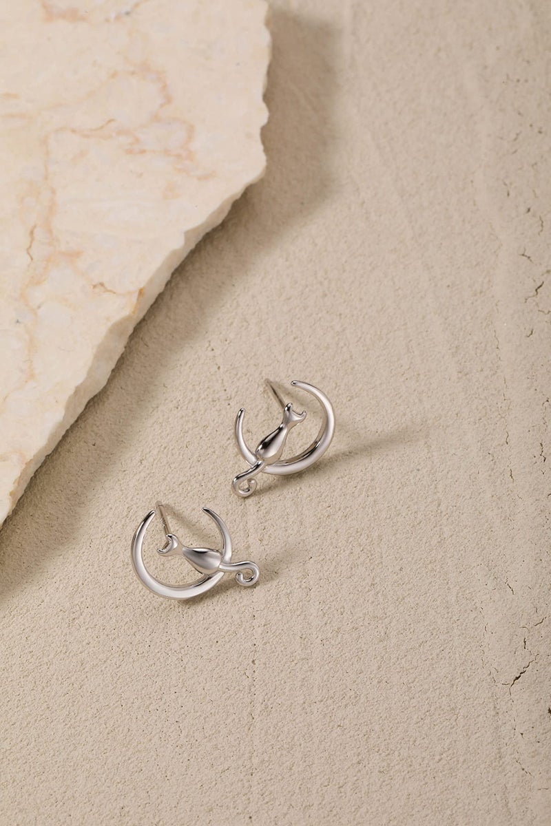 S.Leaf Sterling Silver Cat Moon Earrings Hypoallergenic Stud Earrings for Women Jewelry for Cat Lovers Birthday Gifts for Women(silver) - Image 5