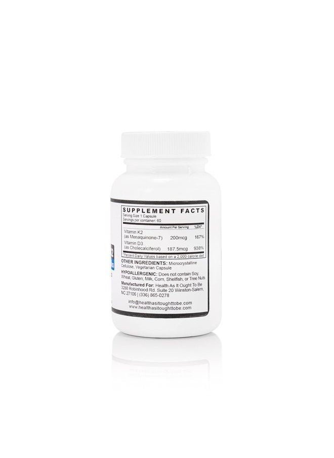 Health As It Ought To Be - Vitamin D3+K2: D3 7500 IU (188mcg) + K2 200 mcg- 60 Capsules (Does not Contain K1 or MK4) - Tested for Purity and Strength, Supports Healthy Bones and Immune Health - Image 1