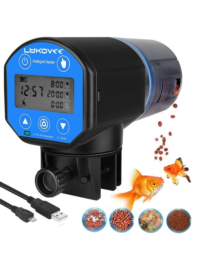 Lukovee Automatic Fish Feeder,New Generation Feeding Time Display USB Rechargeable Timer Moisture-Proof Aquarium or Fish Tank Food Dispenser with 200ML Large Capacity for Vacation Weekend Holiday,Blue - Image 1