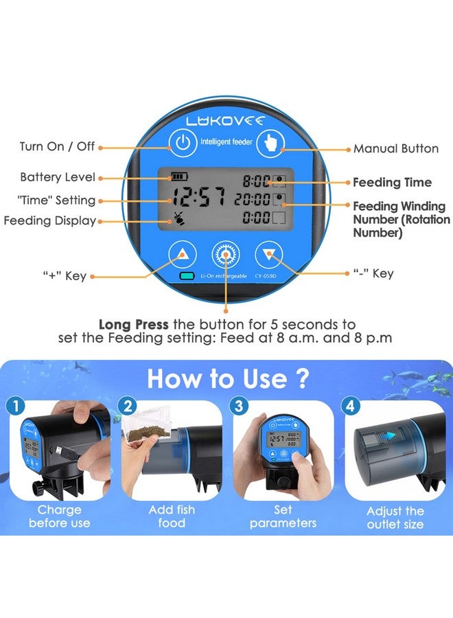 Lukovee Automatic Fish Feeder,New Generation Feeding Time Display USB Rechargeable Timer Moisture-Proof Aquarium or Fish Tank Food Dispenser with 200ML Large Capacity for Vacation Weekend Holiday,Blue - Image 5