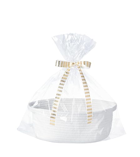 Kodomoore Small Woven Gift Basket Empty with Bag Ribbon Gifts for Mom Baby Shower Birthdays Raffle Cotton Rope Storage Basket for Dog Toys or Shelf 134x10x55 Large White - Image 1