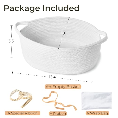 Kodomoore Small Woven Gift Basket Empty with Bag Ribbon Gifts for Mom Baby Shower Birthdays Raffle Cotton Rope Storage Basket for Dog Toys or Shelf 134x10x55 Large White - Image 3