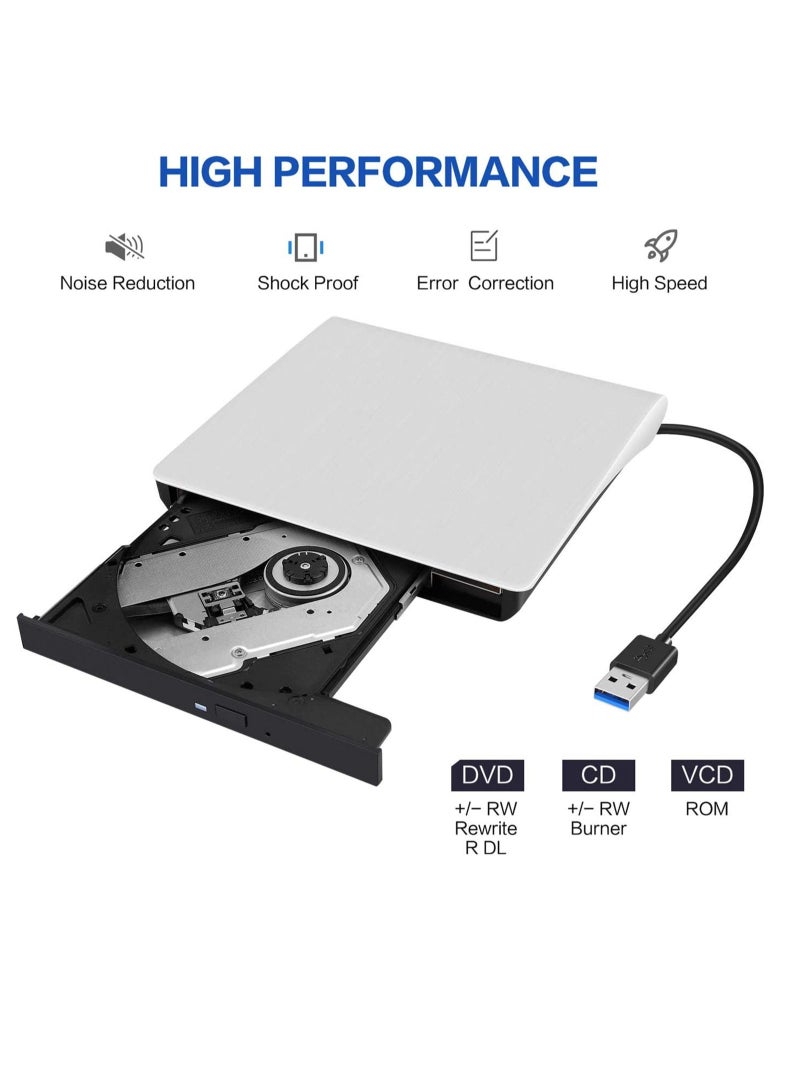 محرك CD/DVD خارجي للكمبيوتر المحمول ، USB 3.0 نحيف للغاية محمول كاتب متوافق مع ماك ماك بوك برو/اير آي ماك سطح المكتب ويندوز 7/8/10/XP/Vista (أبيض) - Image 5