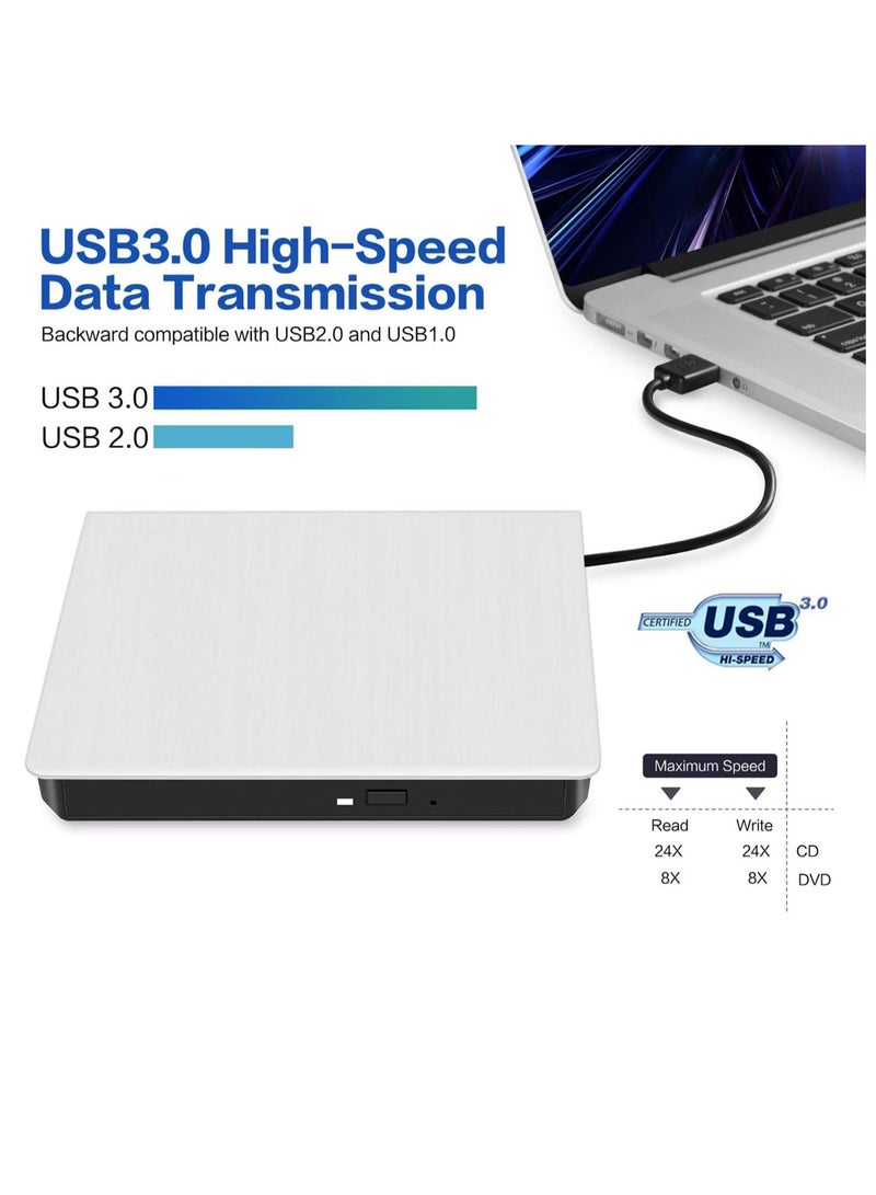 محرك CD/DVD خارجي للكمبيوتر المحمول ، USB 3.0 نحيف للغاية محمول كاتب متوافق مع ماك ماك بوك برو/اير آي ماك سطح المكتب ويندوز 7/8/10/XP/Vista (أبيض) - Image 2