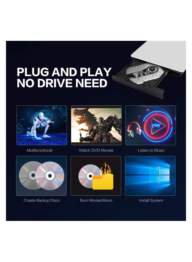 محرك CD/DVD خارجي للكمبيوتر المحمول ، USB 3.0 نحيف للغاية محمول كاتب متوافق مع ماك ماك بوك برو/اير آي ماك سطح المكتب ويندوز 7/8/10/XP/Vista (أبيض) - Image 3