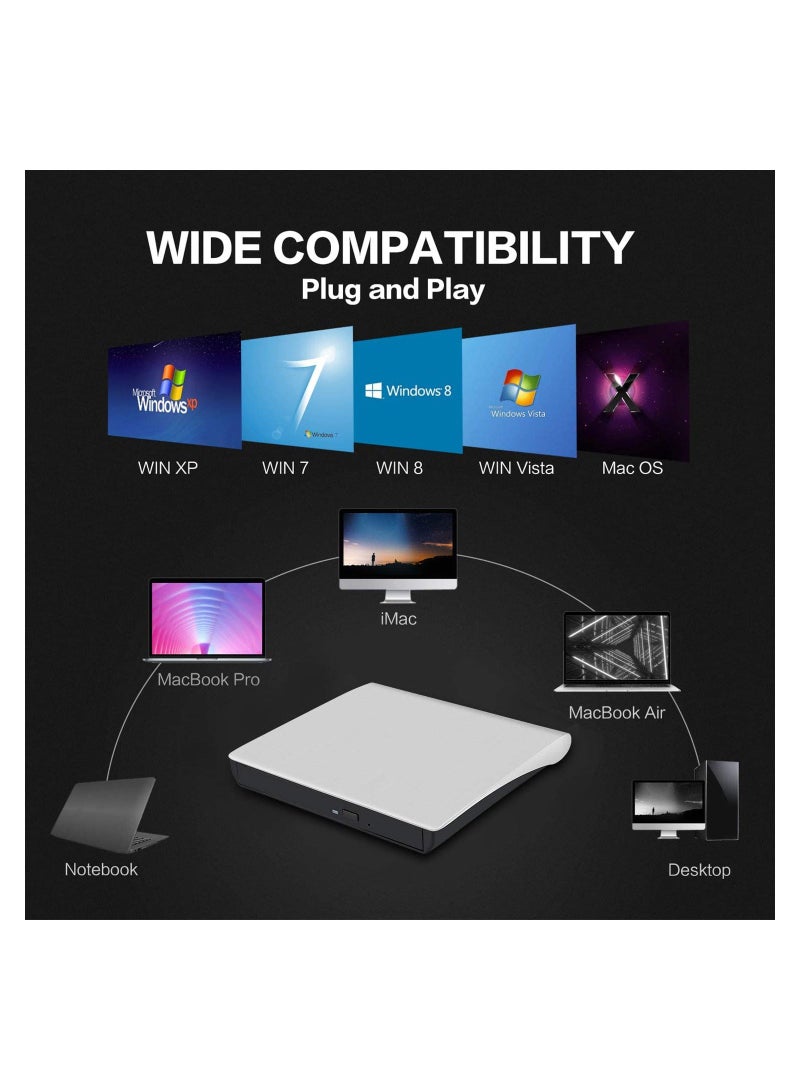 محرك CD/DVD خارجي للكمبيوتر المحمول ، USB 3.0 نحيف للغاية محمول كاتب متوافق مع ماك ماك بوك برو/اير آي ماك سطح المكتب ويندوز 7/8/10/XP/Vista (أبيض) - Image 4