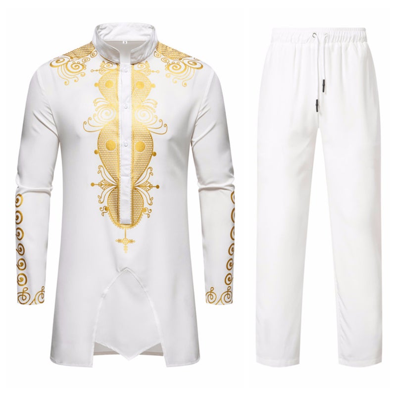 2023 Foreign Trade New Mens Casual Printed Robe Shirt Ethnic Totem Fashion European Size Fashion Two-piece Set White 