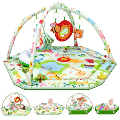 lulunemo Baby Play MatTummy Time Mat with 6 Detachable ToysActivity Gym for Visual Auditory Motor DevelopmentWashable Baby Activity Mat for 012 Month InfantsAnimal Theme - Image 1
