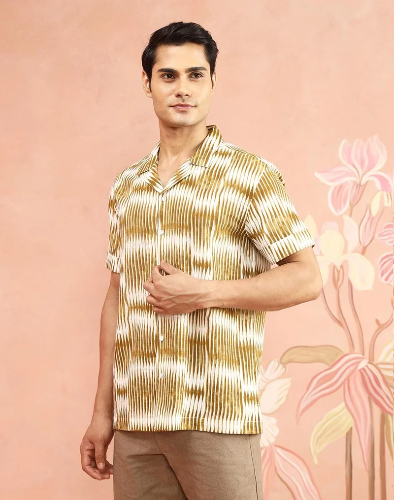 Fabindia  Yellow-White Cotton Printed Cuban Shirt for Men | Best Price UAE