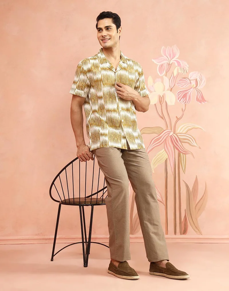 Fabindia  Yellow-White Cotton Printed Cuban Shirt for Men | Best Price UAE