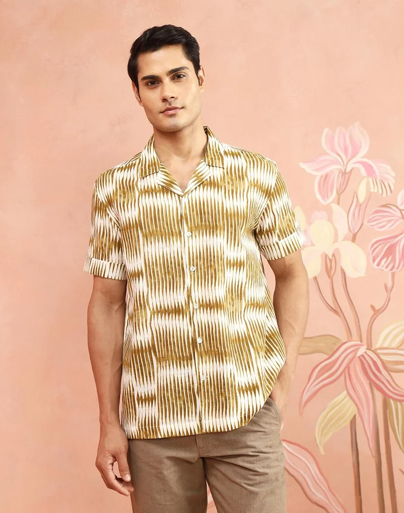 فاب انديا Yellow-White Cotton Printed Cuban Shirt