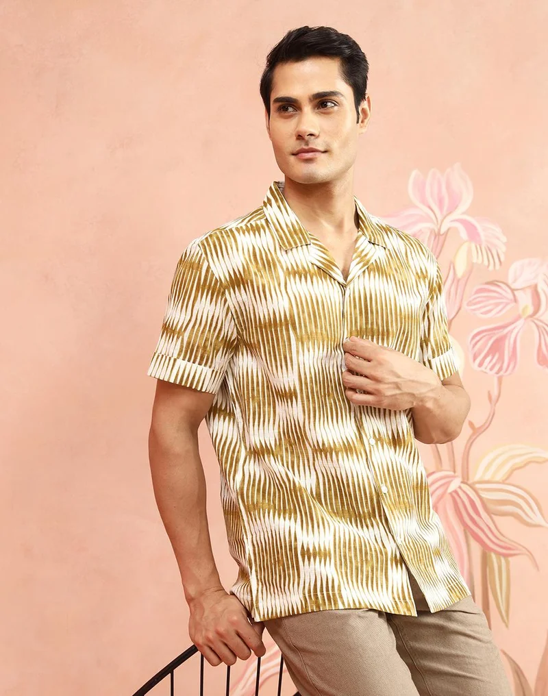 فاب انديا Yellow-White Cotton Printed Cuban Shirt