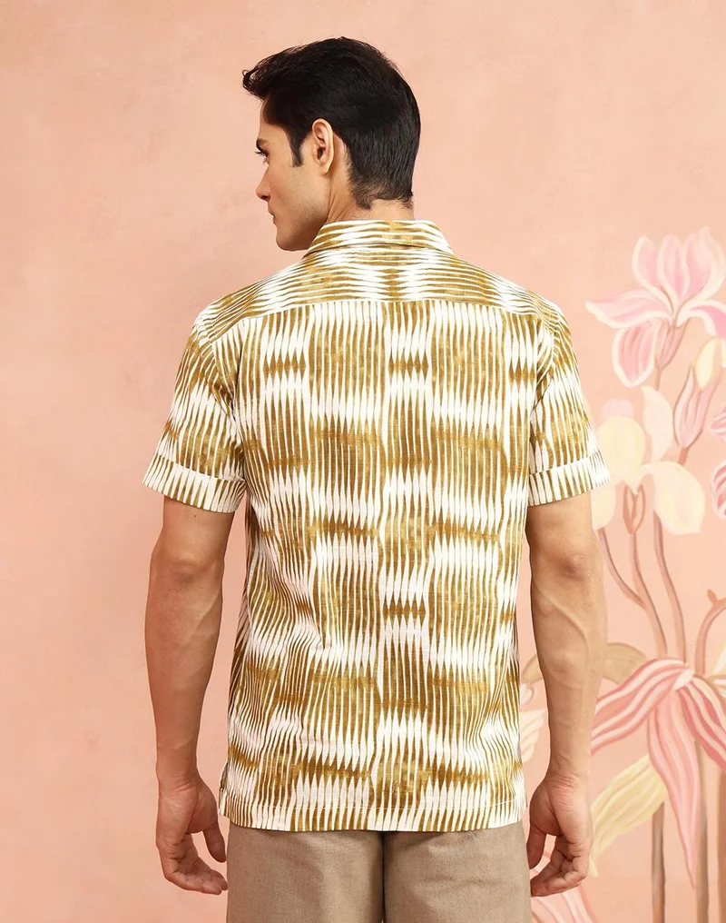 Fabindia  Yellow-White Cotton Printed Cuban Shirt for Men | Best Price UAE