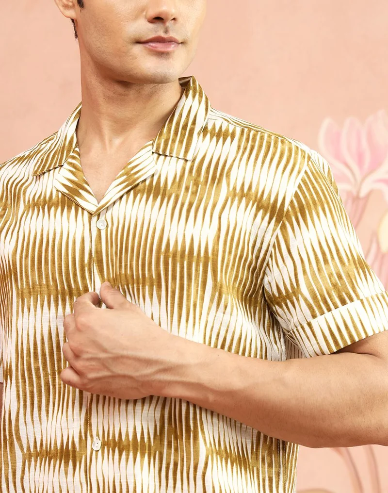 Fabindia  Yellow-White Cotton Printed Cuban Shirt for Men | Best Price UAE