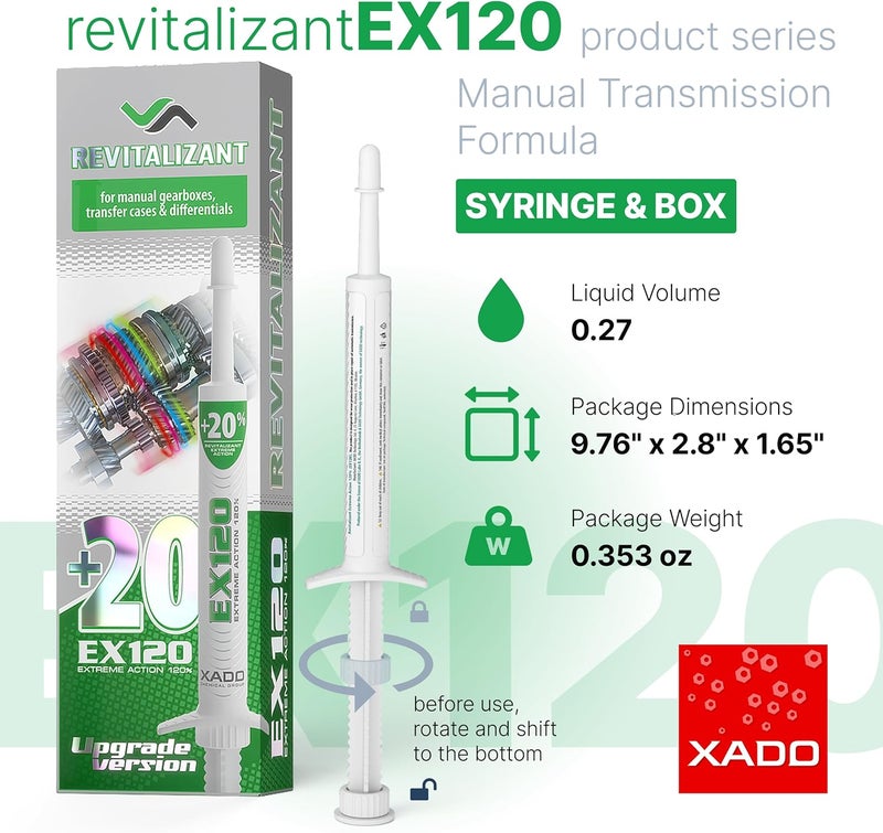 زادو EX120 منشط لناقل الحركة اليدوي – علب التروس ذات النقل اليدوي، علب النقل والتفاضلات (محقنة 8 مل) – مادة معدلة للاحتكاك ومضادة للتحول الصعب - Image 1