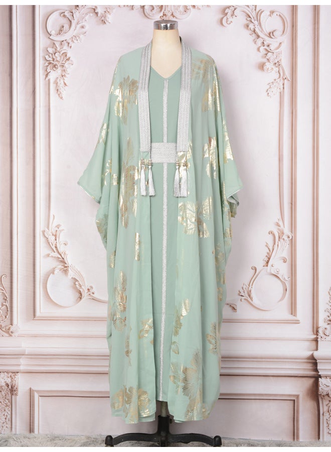 MT Light Green Women's Autumn New Muslim Robe Women's Long Skirt Bronzing Two-piece Evening Dress - Image 1