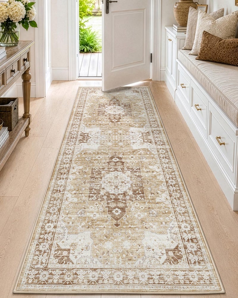 DEXI Carpet Living Room Washable Runner Rug, 90x210 cm Beige - Image 1