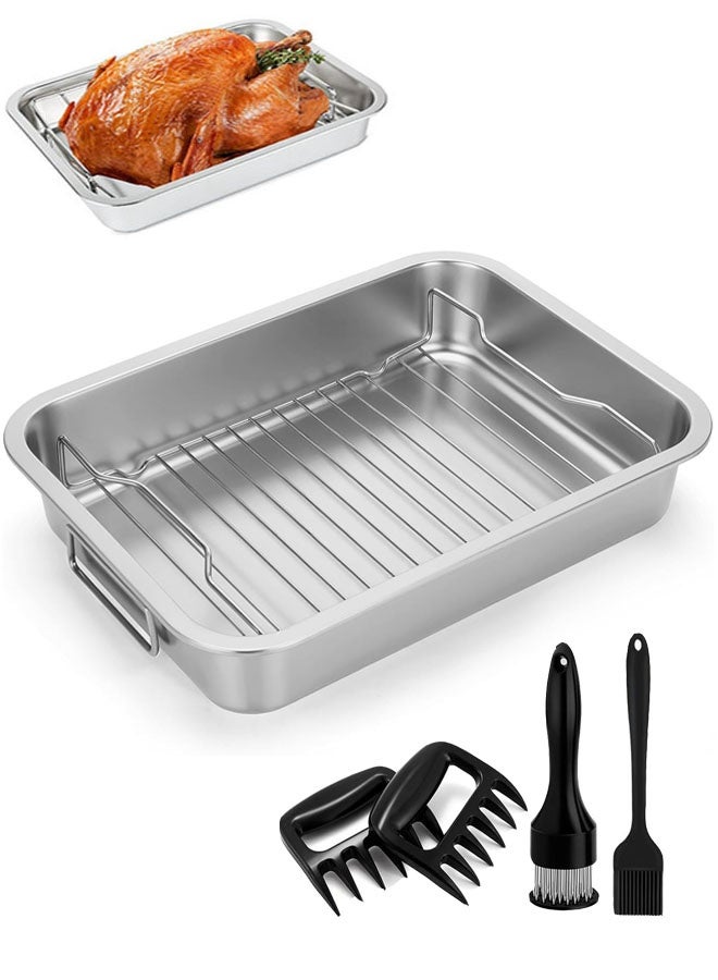 صينية شواء مع رف ومقبض (6 قطع)، مجموعة صواني شواء من الفولاذ المقاوم للصدأ، صينية لازانيا مستطيلة عميقة، صينية شواء ديك رومي شديدة التحمل ومقاومة للالتصاق مع مخالب اللحم ومطري اللحم وفرشاة، آمنة للغسل في غسالة الأطباق - Image 1