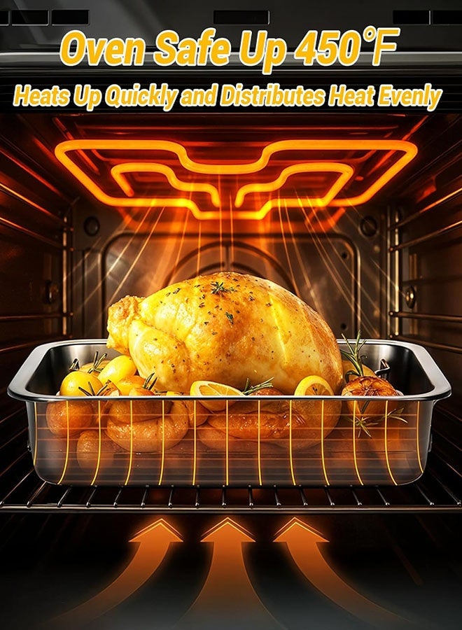 صينية شواء مع رف ومقبض (6 قطع)، مجموعة صواني شواء من الفولاذ المقاوم للصدأ، صينية لازانيا مستطيلة عميقة، صينية شواء ديك رومي شديدة التحمل ومقاومة للالتصاق مع مخالب اللحم ومطري اللحم وفرشاة، آمنة للغسل في غسالة الأطباق - Image 2