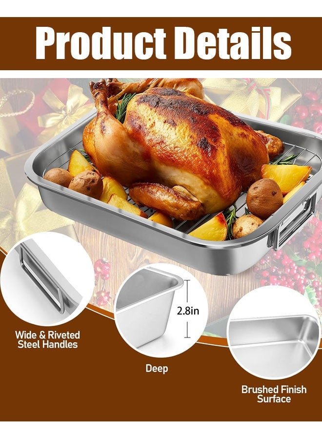 صينية شواء مع رف ومقبض (6 قطع)، مجموعة صواني شواء من الفولاذ المقاوم للصدأ، صينية لازانيا مستطيلة عميقة، صينية شواء ديك رومي شديدة التحمل ومقاومة للالتصاق مع مخالب اللحم ومطري اللحم وفرشاة، آمنة للغسل في غسالة الأطباق - Image 3