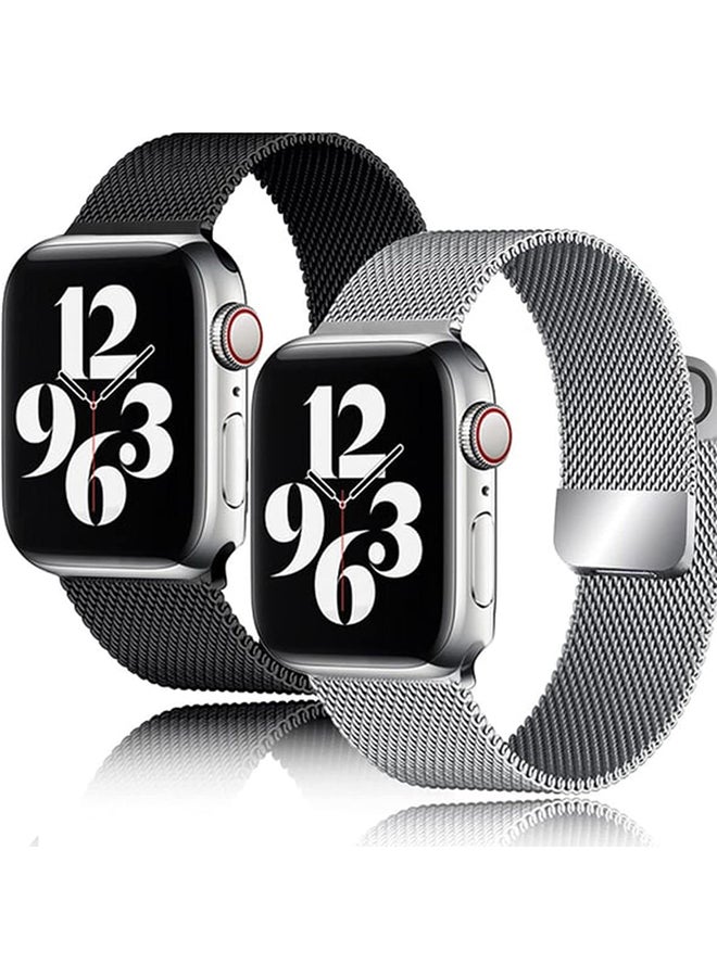 O Ozone Milanese Loop Strap For Apple Watch Series 10 | Ultra 2 | 8 Ultra | 9 | 8 | 7 | 6 , 49/46/45/44/42mm Stainless Steel Double Mesh Wristband -Silver & Black  - Image 1