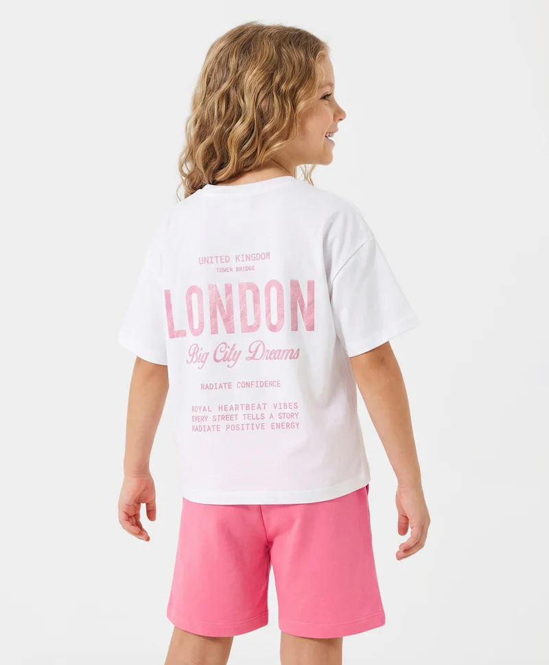 Primo Gino Primo Gino 100% Cotton French Terry Oversized T-Shirt & Shorts Set with Front & Back Text Print - White & Light Pink