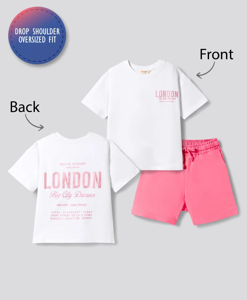 Primo Gino Primo Gino 100% Cotton French Terry Oversized T-Shirt & Shorts Set with Front & Back Text Print - White & Light Pink